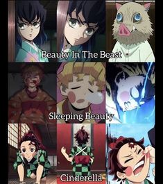 some anime characters with caption that says, beauty in the beast sleeping beauty cinderella