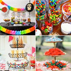 a collage of different desserts and candy bars on display at a birthday party