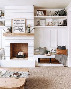 a living room filled with furniture and a fire place next to a wall mounted book shelf