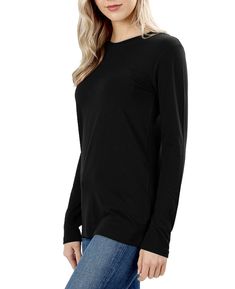 Your comfortable everyday long sleeve crew neck shirt. Made from 95% Cotton for comfort and 5% spandex to keep it stretchy. Relaxed fit with reinforced neckline. Basic solid everyday shirt makes a perfect top for layering. Fabric: 95% Cotton | 5% Spandex | Comfortable Cotton Fabric Reinforced Crew Neckline | Long Sleeve Solid | Basic| Comfortable | Falls to Mid Hip Total Length: 27.5" Measured from size Small Great for Layering | Daily Wear | Regular Fit Womens Long Sleeve Shirts, Crew Neck Shirt, Neck Shirt, Crew Neckline, Women Long Sleeve, Black Shirt, Daily Wear, Open Shoulder Tops, Top Shirt