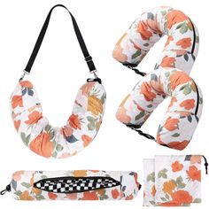 an orange flowered neck pillow and travel bag with two matching head wraps, one in the