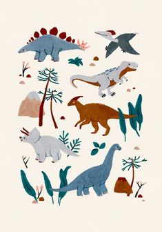 an image of dinosaurs and plants on a white background with red, blue, green, orange, and brown colors