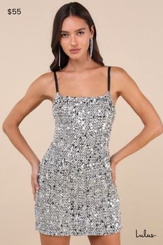 Grab your highest heels and get ready to celebrate the night in the Lulus Stunning Spotlight Silver Multi Textured Sequin Mini Dress! This gorgeous little dress boasts a unique fabrication of woven tweed (in shades of black and white), paired with silver tinsel-like threading and sparkly paillette sequins of varying sizes. Adjustable spaghetti straps support a darted bodice that has a straight neckline. Figure-skimming fit continues into a cute mini skirt. Hidden zipper/clasp at back. Fit: This Highest Heels, Cute Mini Skirt, Rhinestone Handbags, Silver Tinsel, Evening Outfit, Adhesive Bra, Straight Neckline, Evening Outfits, Sequin Mini