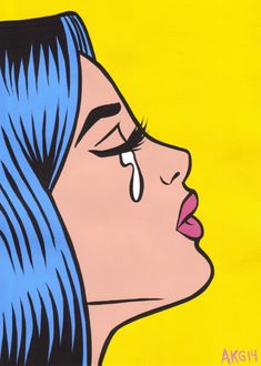 a painting of a woman with blue hair and tears on her face, against a yellow background