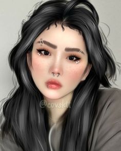 a digital painting of a woman with long black hair and piercings on her nose