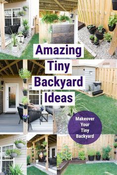 the cover of amazing tiny backyard ideas, with pictures of various plants and patio furniture