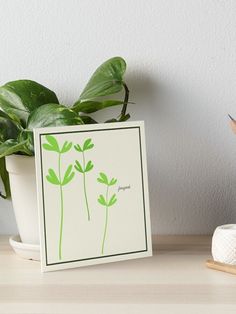 some green plants on a white table next to a potted plant art board print