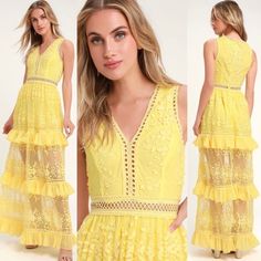 Lulus Exclusive! The Dress Of Our Dreams Is The Lulus Garden Dreams Yellow Lace Tiered Maxi Dress! Lightweight Woven Fabric Shapes A Sleeveless Princess-Seamed Bodice With V-Neckline And Crocheted Lace Trim. Romantic Tulle Overlay Is Adorned With Floral Embroidery As It Cascades Down The Tiered And Ruffled Maxi Skirt. More Sheer Crocheted Lace Trims The Fitted Waist And Ruffled Tiers. Hidden Back Zipper/ Clasp. Lined To Mid-Thigh. 100% Polyester. Hand Wash Cold. Imported. Size Tag: Large Nwt Dark Green Midi Dress, Ruffled Maxi Skirt, Blue Lace Maxi Dress, Backless Lace Dress, Blue Sweater Dress, Ruffle Bodycon Dress, Long Sleeve Ruffle Dress, Purple Maxi Dress, Slinky Dress