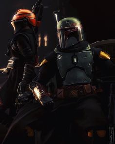 two boba fetts are standing next to each other in the dark room