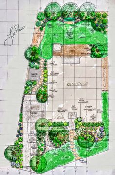 a garden plan with lots of trees and bushes