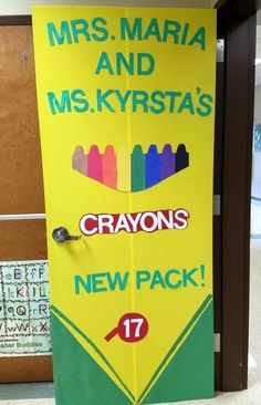 a door that has some stickers on it and the words mrs maria and ms kryssta's crayos new pack