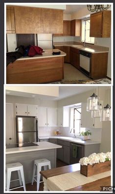 two pictures of a kitchen and dining room with white counter tops, wood cabinets, and stainless steel appliances