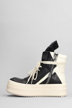 Mega bump geobasket Sneakers in black leather, almond toe, laces, padding details, padded tongue, side zip, platform rubber sole, 100% leather, Made in Italy | Rick Owens Women's Mega Bump Geobasket Sneakers in Black Leather | FW23/24 High Top Rick Owens, Rick Owens Bogun Boots, Rick Owens High Top Sneakers, Rick Owens Strobe Vans, Rick Owens Double Bumper, Rick Owens Geobasket, Rick Owens Women, Burberry Shop, Versace Shop