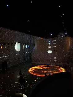 a room filled with lots of lights and planets on the wall next to each other