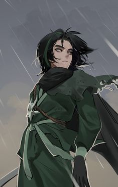 a drawing of a woman with black hair and green dress holding an umbrella in the rain