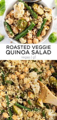 roasted veggie quinoa salad in a white bowl with a wooden spoon