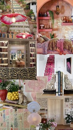 a collage of photos with books, furniture and decor