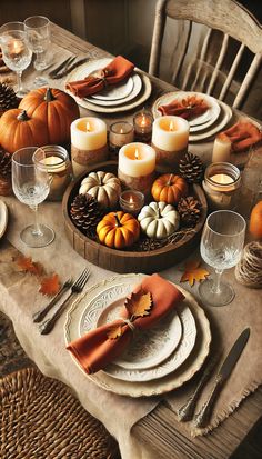 a wooden table topped with plates and candles