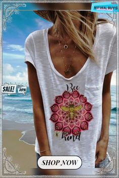 Floral Casual Short Sleeve T-shirt White Printed T-shirt For Summer, V-neck Cotton T-shirt For The Beach, White Tops With Front Print For Spring, White Top With Front Print For Spring, Summer V-neck Graphic Print Shirt, Summer V-neck Shirt With Graphic Print, V-neck Graphic Print Summer Shirt, White V-neck Top With Sublimation Print, White V-neck T-shirt For Summer