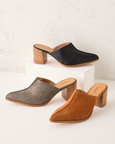 Every wardrobe needs a pair of mules to wear with dresses, trousers, or jeans. This exceptional example is crafted for us by Spanish artisans in rustic leather or suede, with a softly pointed toe, exposed vamp seam, and just-right heel.  Exclusive. Slip-on style.  Exposed seam detail on vamp.  Leather-wrapped footbed.  Man-made sole and heel cap.  Spain. Fall Stacked Heel Closed Toe Heels, Suede Mules With Stacked Block Heel, Chic Suede Clogs With Stacked Heel, Fall Slip-on Heels With Stacked Heel, Low Heel Mules With Stacked Heel For Work, Slip-on Heels With Stacked Heel For Fall, Chic Mules With Stacked Low Heel, Workwear Mules With Stacked Low Heel, Suede Slip-on Mules With Wooden Heel