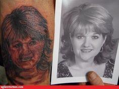 a woman's arm with two pictures of herself on it