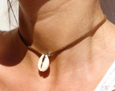 Brown leather and cowrie shell necklace - leather lace necklace - choker necklace - summer jewelry - Festival Cowrie Shell Choker, Bohemian Brown Cowrie Shell Jewelry, Handmade Brown Choker For Beach, Brown Choker Necklace For Beach, Brown Choker Necklace For The Beach, Beach Brown Choker Necklace, Handmade Ceramic Jewelry, Lace Choker Necklace, Festival Necklace