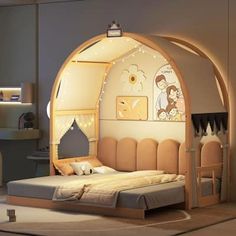 a bedroom with an arch shaped bed in the middle