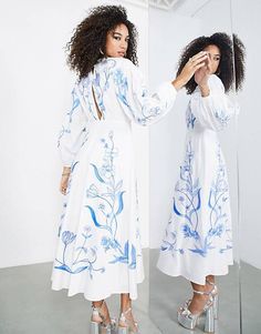 ASOS EDITION large scale floral and leaf embroidered midi dress in cream | ASOS Large Scale Floral, Mother Of The Bride Outfit, Embroidered Midi Dress, Rehearsal Dress, Blue Dress Casual, Dressy Dresses, Style Inspiration Summer, Blue Midi Dress, African Fashion Dresses