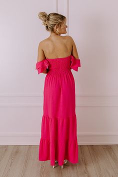 - Say hello to summer maxi vibes with this beautiful dress! - Unlined material - A square cut neckline - Elastic flutter sleeves - A smocked bodice - A flowy yet flattering silhouette that ends in a maxi length hemline Flowy Ruched Maxi Dress With Square Neck, Flowy Square Neck Ruched Maxi Dress, Pink Square Neck Maxi Dress For Vacation, Strapless Pink Maxi Dress For Day Out, Strapless Flowy Maxi Dress With Smocked Back, Off-shoulder Ruched Beach Dress, Square Neck Maxi Dress With Smocked Back For Brunch, Pink Smocked Dress With Square Neck, Flowy Smocked Square Neck Dress For Beach