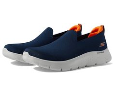 SKECHERS Performance Go Walk Flex - 216482 - Men's Shoes : Navy/Orange : Take every step in absolute style wearing the cool SKECHERS Performance Go Walk Flex - 216482 Sneakers. Man-made upper. Man-made lining and insole. Slip-on closure. Heel pull tab. Brand logo on heel counter and midsole. Almond toe. Man-made outsole. Imported. Measurements: Weight: 9 oz Product measurements were taken using size 9.5, width EE - Wide. Please note that measurements may vary by size. Sporty Slip-ons With Cushioned Footbed For Sports, Navy Slip-on Sneakers With Cushioned Footbed, Sporty Slip-ons With Removable Insole And White Sole, Cushioned Round Toe Slip-on Sneakers For Walking, Cushioned Slip-on Sneakers For Walking, Textile Sneakers With Arch Support For Outdoor, Athleisure Slip-on Walking Shoes With Round Toe, Outdoor Textile Sneakers With Arch Support, Synthetic Running Shoes With Rubber Sole For Walking