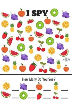 a poster with different fruits and vegetables on it, which says i spy how many do you see?