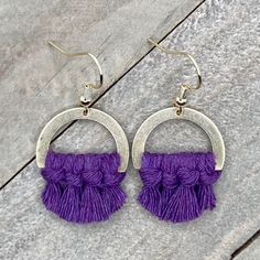 "This pair of beautiful macrame earrings were hand knotted and fringed at the edges with eggplant purple colored cord.  These earrings have a brass \"D\" shape and nickel free 18k gold plated earring wires. Each earring is 2 inches long and about 1 inch wide.  Be sure to check out the rest of my micro-macrame jewelry in the shop!" Adjustable Macrame Dangle Jewelry, Adjustable Woven Drop Earrings, Adjustable Macrame Dangle Earrings, Purple Bohemian Beaded Tassel Earrings, Purple Bohemian Handmade Tassel Earrings, Handmade Purple Bohemian Tassel Earrings, Bohemian Purple Chandelier Earrings, Adjustable Purple Bohemian Tassel Earrings, Bohemian Purple Tassel Earrings