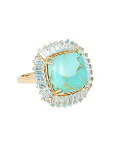 Like a jewel in the crown, this ring features a colorful cushion turquoise adorned with soft petals of blue topaz baguettes. Cocktail rings are iconic fashion statements, often worn to enhance outfits for social occasions, making this piece a dazzling addition to any ensemble. The 'Jewel in the Crown Ring' symbolizes prestige, excellence, and significance. It is a metaphorical expression derived from the idea of a precious gem being the most valuable and prominent part of a royal crown. Gemstone Colourful Cushions, Fashion Statements, Iconic Fashion, Crown Ring, Swiss Blue Topaz, Crown Royal, Gold Plated Rings, Precious Gems, London Blue Topaz