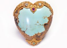 Antique Turquoise Gold Diamond Ruby Heart Brooch Luxury Turquoise Brooches, Luxury Turquoise Brooches For Gift, Antique Turquoise, Ruby Heart, Genuine Love, Gold Brooch, Turquoise Heart, Antique Brooches, Heart Brooch