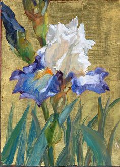 a painting of a white and blue flower