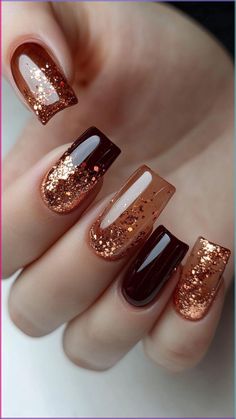 Add a touch of sparkle to your fall nails with Copper Glitter Accents! This dazzling design combines rich copper hues with eye-catching glitter for a stunning effect. Click to explore more fall nail ideas and follow us for daily inspiration!

#FallNails #CopperGlitter #NailArt #AutumnStyle #NailInspiration Fall Shimmer Nails, Glitter Fall Nails Acrylic, Gel Nails Polish Ideas, Copper Color Nails, Fall Sparkle Nails Glitter, Square Sparkle Nails, Nails Design 2024, Nail Ideas Sparkle, Halloween Glitter Nails