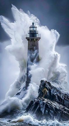 the lighthouse is surrounded by huge waves in the ocean as it stands on top of a rock