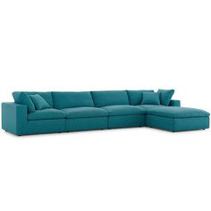 Modway Commix 80" Down Filled Overstuffed 5-Pc Sectional Set, Teal -EEI-3358-TEA A haven for cozy relaxation, Commix features plush comfort, clean-lined design, and spacious profile, that makes an attractive statement in the modern home. Upholstered in soft polyester and linen fabric, this living room set comes with solid wood construction and cotton and down cushions for a luxurious sink-in feel. Commix comes with generously padded down feather and cotton cushions, and padded foam bases, making Teen Hangout, Contemporary Sectional Sofa, Teal Sofa, Living Room Table Sets, Fabric Sectional Sofas, Sectional With Ottoman, Modern Sofa Sectional, Sofa Sectional, Living Room Lounge