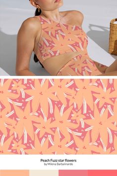 Abstract floral design featuring hand drawn peach fuzz star flowers on pink background. #patterndesign #surfacedesign #textiledesign #floralpattern #peachfuzz #pantone2024 #originalpattern #orangeflowers Flowers On Pink Background, Color Of The Year 2024, Abstract Floral Design, Pantone Color Of The Year, Warm Colour Palette, Botanical Beauty, Botanical Drawings