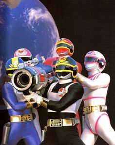 the power rangers are posing for a photo in front of an image of the earth