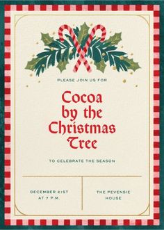 a christmas party flyer with holly and candy canes on the front, red and white check