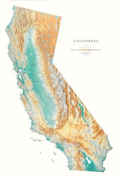 California Topographical Wall Map By Raven Maps, 49 X 34 Map California, California Mountains, Shading Techniques, Sierra Nevada Mountains, California Map, Physical Features, Wall Map, Relief Map