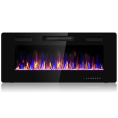 an electric fireplace with colorful flames on the front and back sides, in black frame