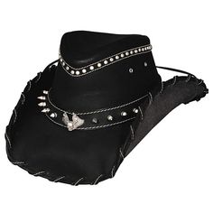 PRICES MAY VARY. BULLHIDE IRON ROAD COWBOY HAT - This gorgeous genuine leather hat will be a great choice for topping off your brutal look; This hat is popular with bikers, rockers and Heavy Metal fans MATERIAL AND BRIM WIDTH - This Bullhide cowboy hat is made of black color top grain leather and features 3 3/8 inch brim; The hat is also outfitted with a chin cord DECORATIVE DETAILS - The Iron Road hat features a hatband decorated with spikes and a concho of a flying skull in the center; The cro Goth Cowboy, Leather Cowboy Hats, Black Cowboy Hat, Outback Hat, Black Cowboys, Black Cowboy, Western Cowboy Hats, Leather Hat, Large Hats