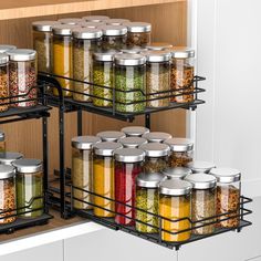 an organized spice rack in a kitchen