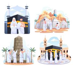 four different images of people in front of the temple