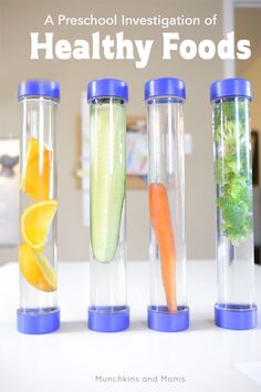 three glass containers with vegetables and carrots in them on a white countertop next to the words, a preschool investation of healthy foods