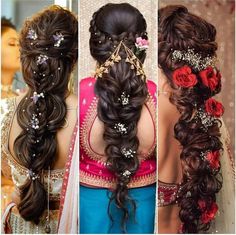 three pictures of different hairstyles with flowers in the middle and one is half up