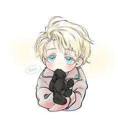 a drawing of a boy with blue eyes holding a black teddy bear in his arms