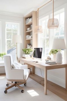 a white chair sitting in front of a desk with a computer on top of it